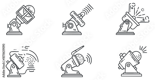 A collection of six cannon icons in minimalist black and white outline vector style, suitable for military or gaming design projects