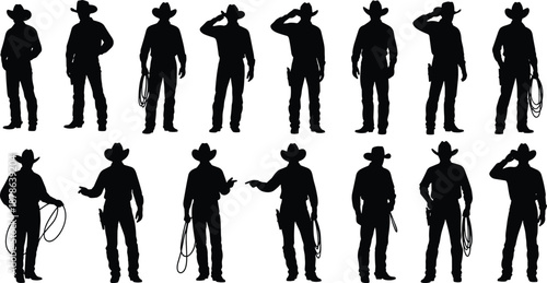 Silhouettes of cowboys in iconic western poses wearing hats and boots, lasso gestures, ranch culture, rodeo, frontier lifestyle illustration