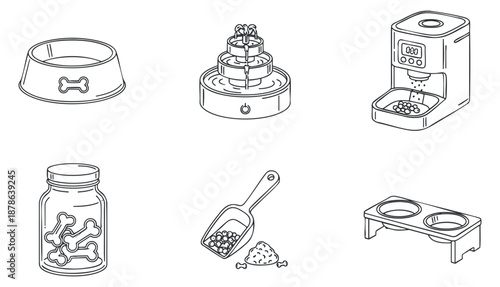 A collection of pet feeding items including a dog bowl, treat jar, food dispenser, and scooper in minimalist outline vector style, suitable for pet care branding and designs