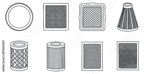 A collection of various filter designs including round, square, and cylindrical shapes in black and white outline vector style, suitable for industrial and technology projects