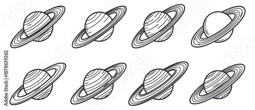 A collection of eight Saturn planet illustrations in black and white outline vector style, suitable for educational and astronomical projects