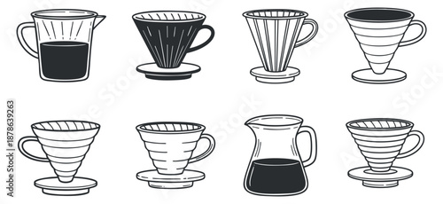 A collection of various coffee brewing devices including pour-over and drip coffee makers in minimalist black and white vector style, perfect for coffee shop branding