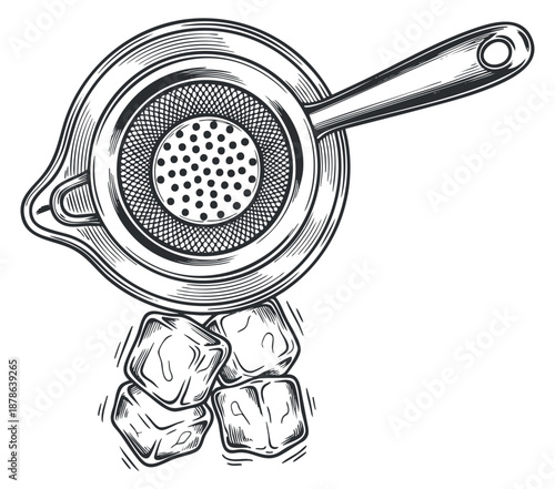 A vintage hand-drawn illustration of a kitchen strainer pouring ice cubes, in detailed sketch style, suitable for culinary and beverage designs