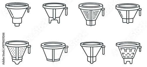 A collection of various kitchen filters and strainers in black and white outline vector style, perfect for culinary designs and kitchenware branding
