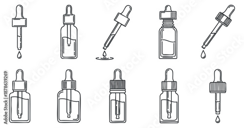 A collection of dropper bottles with liquid in various styles in black and white outline vector design, perfect for health and beauty branding