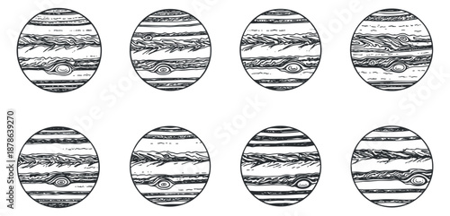 A set of eight Jupiter planet illustrations in black and white outline style, perfect for educational and scientific projects