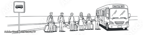 A group of passengers waiting for a shuttle bus at a bus stop in minimalist outline vector style, ideal for transportation and travel themes