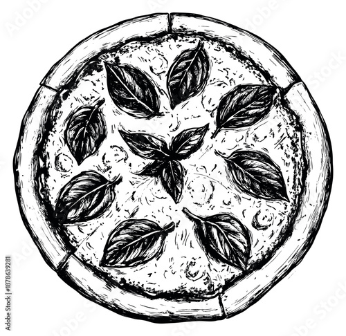 Hand drawn line art illustration of a whole pizza depicting basil leaves for a restaurant menu