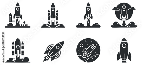 A set of rocket icons in black and white minimalist vector style, ideal for technology and space exploration projects