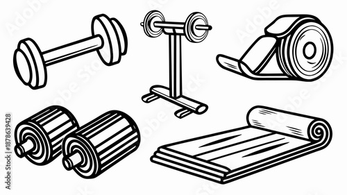 Black line illustration of various gym equipment