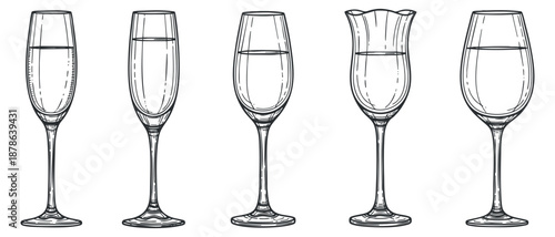 A set of five different drink glasses in outline minimalist vector style, perfect for menu design and beverage branding