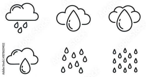 A collection of cloud and rain icons with smiling and sad expressions in minimalist outline vector style, suitable for weather-related projects