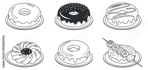 A collection of six various desserts including donuts and pastries in black and white outline vector style, ideal for food-related projects