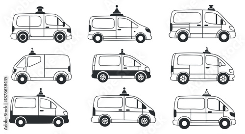 A collection of various delivery and service vans in black and white outline vector style, suitable for transportation and logistics design