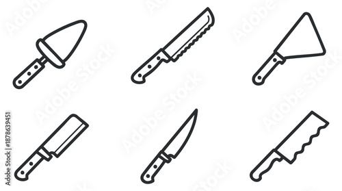 A set of cooking knives including a chef's knife, serrated knife, and utility knife in minimalist outline vector style, ideal for culinary design projects