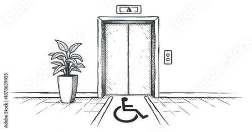 A sketch of an elevator entrance with a wheelchair accessibility symbol and a decorative plant in a minimalist vector style, suitable for accessibility and public space design
