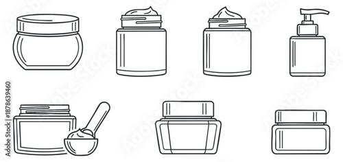 A collection of skincare product jars and containers in minimalist outline vector style, perfect for beauty and cosmetic branding