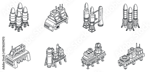 A collection of various rocket and spacecraft designs in clean outline vector style, suitable for educational and technology projects