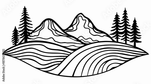 Serene mountain landscape with pine trees and rolling hills