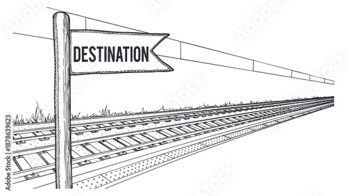 A hand-drawn illustration of a destination signpost by the railway tracks in black and white vector style, perfect for travel and adventure themes