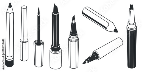 A collection of various writing instruments including pens, pencils, and markers in black and white outline vector style, suitable for design and illustration projects