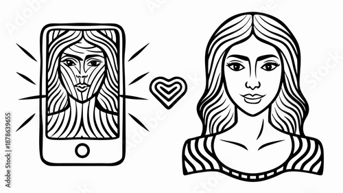 Woman with heart connection to her digital self online