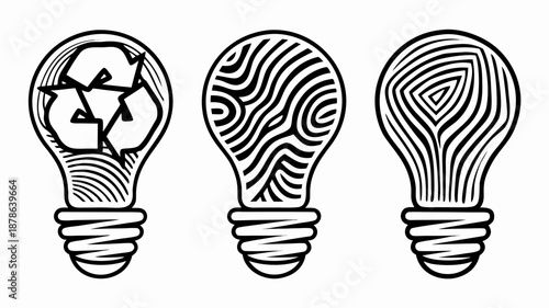 Creative light bulb ideas with recycling symbol and wood patterns