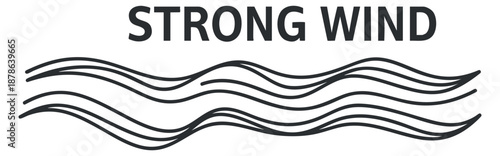 A stylized representation of flowing lines with the text 'Strong Wind' in a minimalist black and white vector style, suitable for weather-related projects and designs