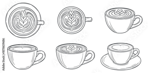 A collection of coffee cups with latte art designs in black and white outline vector style, ideal for cafe branding