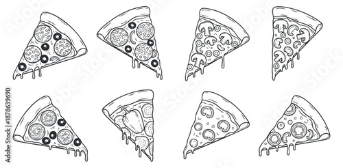A collection of various pizza slice illustrations in outline vector style, ideal for food-related designs and branding
