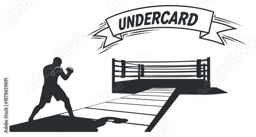 A silhouette of a boxer preparing to fight next to a boxing ring in black and white vector style, ideal for sports event promotions