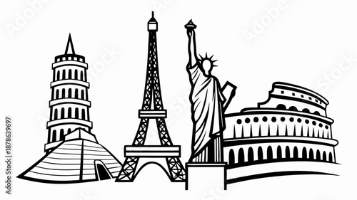 Iconic landmarks of the world in modern illustration