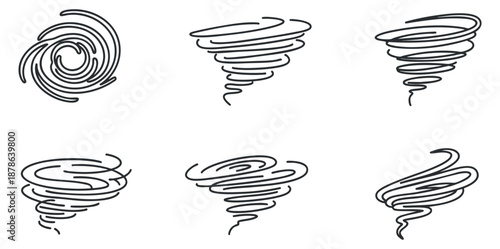 A collection of six tornado illustrations in black and white outline vector style, suitable for weather-related projects and educational materials