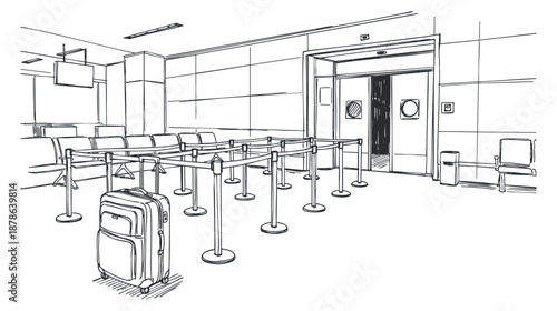 A sketch of an airport check-in area with a suitcase and queue lines in minimalist vector style, ideal for travel-related projects