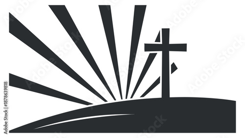 A silhouette of a cross on a hill with rays of sunlight in black and white minimalist vector style, ideal for religious themes and designs