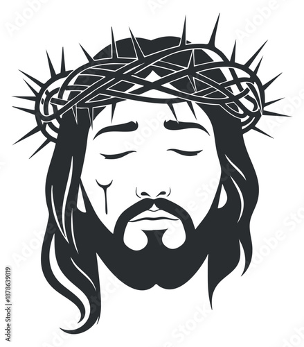 A portrait of Jesus Christ with a crown of thorns in black and white vector style, ideal for religious artwork and symbolism
