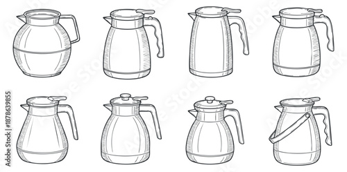 A collection of eight different pitcher designs in clean outline minimalist vector style, ideal for kitchenware branding and illustration projects