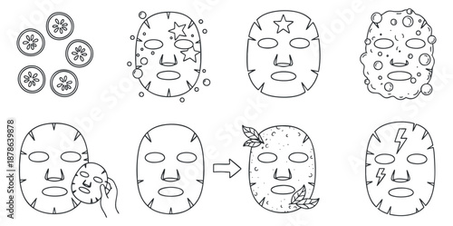 A collection of skincare mask icons featuring cucumber slices, star motifs, and various facial treatments in outline vector style, ideal for beauty and wellness branding