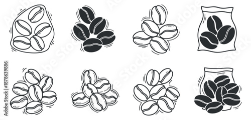 A set of various coffee bean illustrations in black and white outline vector style, ideal for food-related branding and packaging