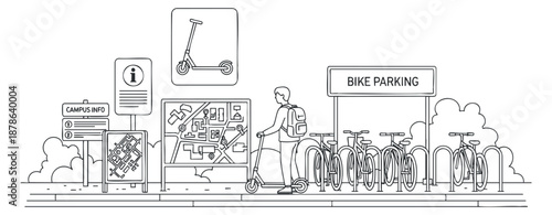 A person riding a scooter near a bike parking area and campus information signs in minimalist outline vector style, ideal for urban mobility projects
