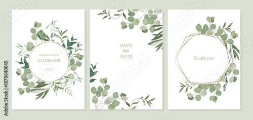 Set of floral card with eucalyptus leaves. Greenery frame. Rustic style. For wedding, birthday, party, save the date. Vector illustration. Watercolor style