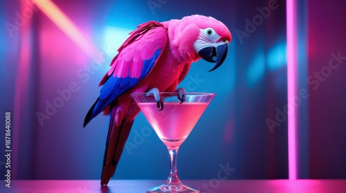 Vibrant pink parrot perched on a colorful cocktail glass
