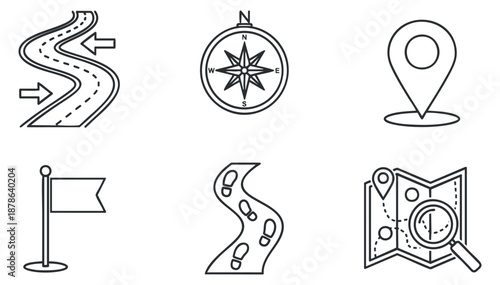 A collection of navigation and travel icons including a winding road, compass, location pin, and map in minimal outline vector style, suitable for travel apps and websites