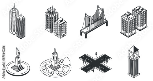 A collection of isometric city landmarks including skyscrapers, a statue, a bridge, and a clock tower in black and white vector style, ideal for urban design projects