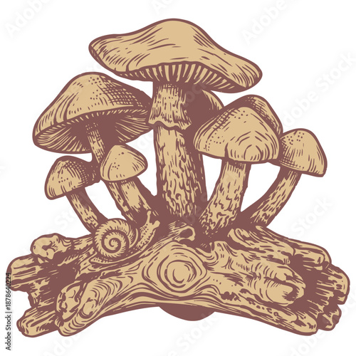 A vintage vector illustration of a mushroom cluster with a snail on a log. Hand-drawn forest fungi in a detailed, retro engraving or woodcut style.