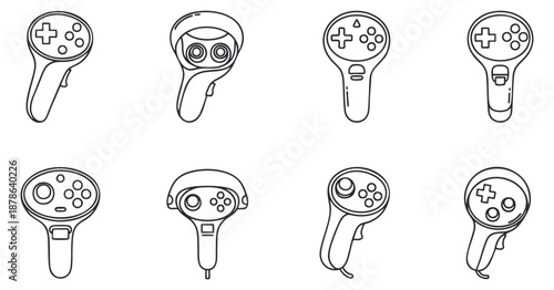 A collection of gaming controllers in outline vector style, suitable for video game design and technology projects