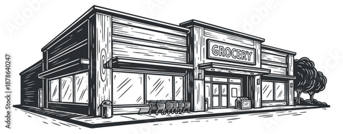 A grocery store building with shopping carts in black and white sketch vector style, suitable for retail and business themes