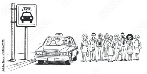 A group of diverse people waiting for a taxi at a bus stop in black and white line art vector style, ideal for transportation themes