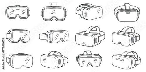 A collection of various virtual reality headsets in clean black outline vector style, suitable for technology and gaming projects