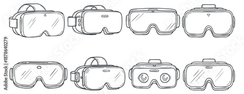 A collection of eight different virtual reality goggles in line art outline vector style, perfect for tech-related projects and designs